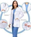 Women's Mid-Length Lab Coat In White, Size Small, Pro-Grade Lab Coat For Science And Chemistry, Notched Lapels, Two-Button Front