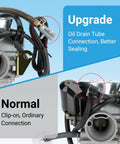 Comparison of upgraded and normal oil drain tube connections on GY6 150cc Carburetor PD24J Kit