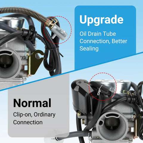 Comparison of upgraded and normal oil drain tube connections on GY6 150cc Carburetor PD24J Kit
