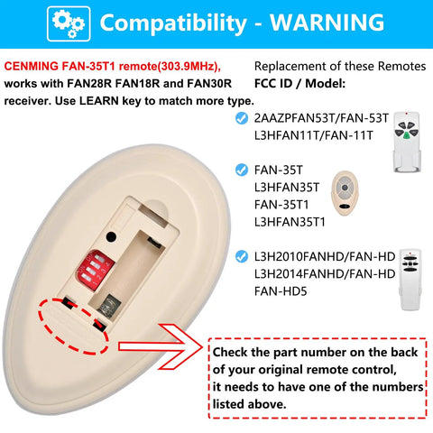 Back view of the Replacement Ceiling Fan Remote For Harbor Breeze Allen Roth, 303.9MHz With 3 Speed Light Dimmer Learn Key showcasing compatibility guide.