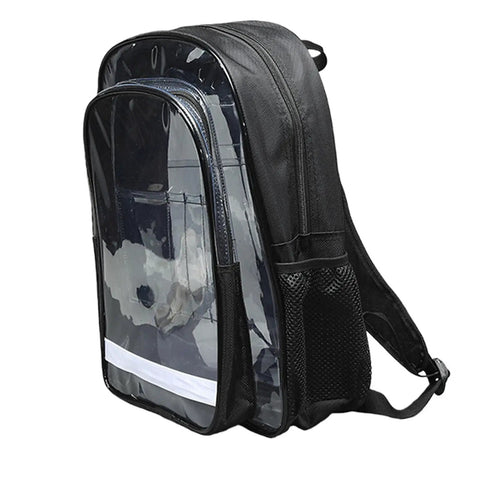 Slick Clear PVC Tool Backpack For Cleanroom Engineers Hauling Laptops And Essential Kits With Cushioned Straps and Reinforced Handles, side view.