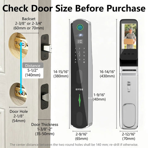 WiFi Video Doorbell Smart Lock Featuring Eight Keyless Methods Palm Vein Facial Recognition Fingerprint Pin Card App Control For Heavy Duty Home Security Zero Sweat Tight Security Setup size and installation dimensions