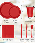 Kickback Ready Red Plastic Dinnerware Set Feeds Fifty Guests With Nine Inch Plates Seven Inch Snack Plates 12 Ounce Cups Utensils And Napkins for outdoor dining.