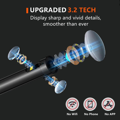 Triple Lens Borescope Pro Grade 1920P HD Endoscope with upgraded 3.2 tech showing internal lens components