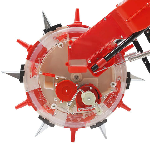 Close-up of Walk-Behind Seed Planter For Precision Row Crops A No-Fuss Manual Seeder With Six Seeding Nozzles Adjustable Depth