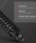 Close-up of rear towing shock absorber with coil spring, showing polished chrome rod surface and steel tube features for trucks