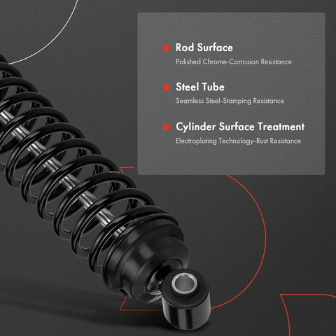 Close-up of rear towing shock absorber with coil spring, showing polished chrome rod surface and steel tube features for trucks