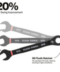 Three 9/16 inch wrenches showing 20% arc swing and 90-tooth ratchet from Ratcheting SAE Wrench Set 8 Piece 5/16 To 3/4 Inch With 90 Tooth Ratchet
