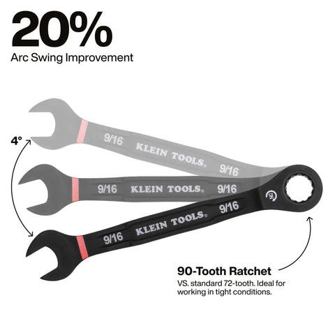 Three 9/16 inch wrenches showing 20% arc swing and 90-tooth ratchet from Ratcheting SAE Wrench Set 8 Piece 5/16 To 3/4 Inch With 90 Tooth Ratchet