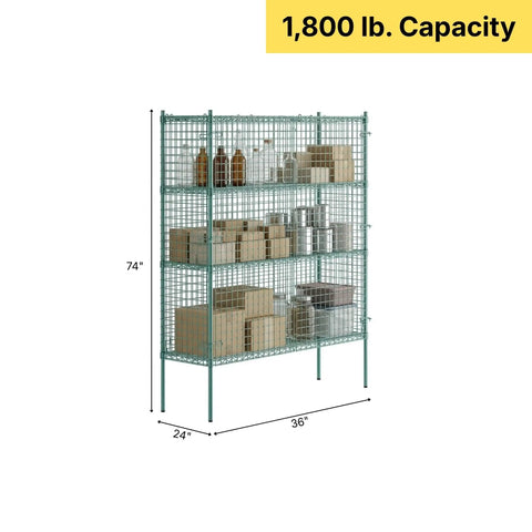 Rock Solid Commercial Grade Metal Wire Mesh Security Cage Kit With Green Epoxy Coating 36x24x74 inches with storage items.