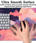 Close-up of Cute Desk Pad With Kawaii Clouds In Pink And Purple XXL Full Desk Mat For Gaming And Work, showing keyboard and hand on mouse.