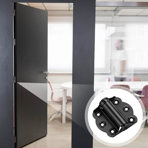 Open door with square inset showing Heavy Duty Stainless Steel Screen Door Hinges 2 Pack Built to Last Adjustable Self Closing Spring Loaded Black Finish for Indoor Outdoor Doors and Commercial Use