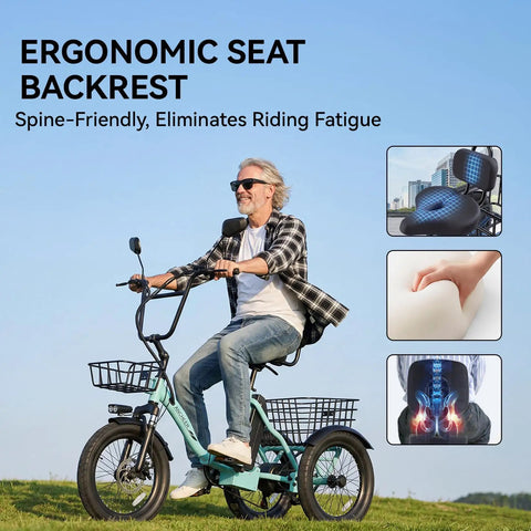 Adult Electric Tricycle With Folding Fat Tire Three Wheel E Trike 500W Motor UL2849 48V 10.4Ah Removable Battery ergonomic seat backrest