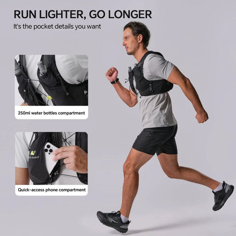 Runner using Lightweight Running Hydration Vest With Two 250ml TPU Soft Flasks, BPA Free Bottle System, adjustable chest straps.