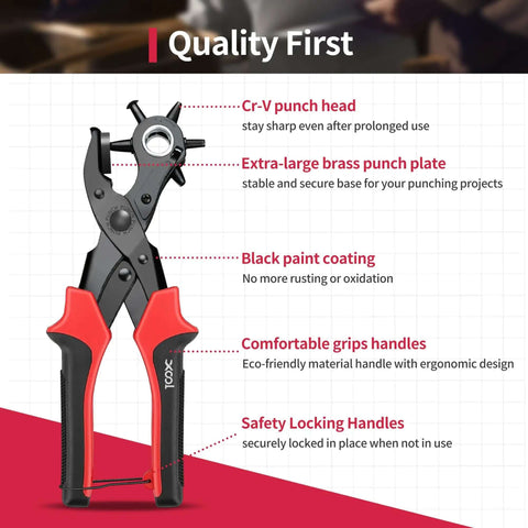 Beefy Rotary Leather Hole Punch Kit in focus, highlighting Cr-V punch head, brass plate, and ergonomic grip for leather and belts.