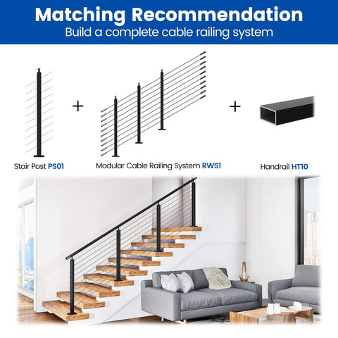 Black Beefy Stair Cable Railing Post 36 Inch For 25 To 35 Degree Stairs 36 By 2 By 2 Inch Surface Mount T304 Stainless Steel Cable Railing System Kit For Indoor Outdoor Use With Paper User Guide PS01 BA4S shown in living room setting with stairs and modular components