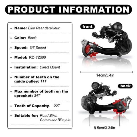 Front and back view of RD-TZ500 6/7 Speed Rear Derailleur Direct Mount for Mountain and Road Bikes with product details