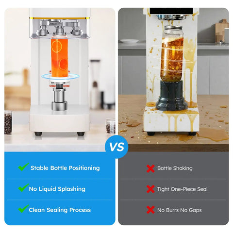 No Sweat Heavy Duty Commercial Can Sealer Machine, detailed comparison of clean sealing process vs messy sealing process.