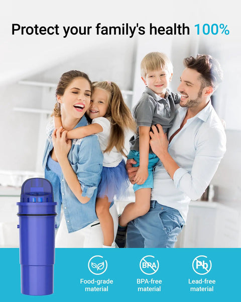 Family in kitchen with CF10A Water Filter Replacement For Pur Plus Pitcher NSF Certified 4 Pack Multi Stage Filtration shown