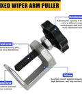 Fixed wiper arm puller tool with rotating handle, lead screw, pulling head, and pull arm component details labeled.
