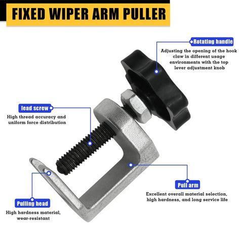 Fixed wiper arm puller tool with rotating handle, lead screw, pulling head, and pull arm component details labeled.