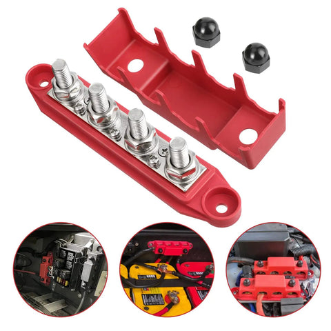 Heavy Duty Four Stud Power Distribution Block 250 Amp Bus Bar Junction With Weather Shield For Car Truck Rv Marine Boat showing brass terminals and mounting options.