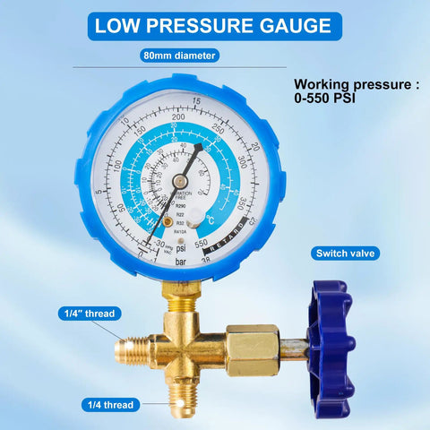 Must Have AC Refrigerant Charging Hose Kit With 59 Inch Low Pressure Hose And Gauge Set R410A 0 To 550 PSI Gauge detail