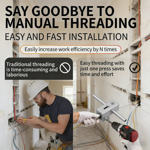 Pro Grade Wall Wiring Machine And Cable Hidden Pipe Threading Tool With Electric Drill Feed System, shown in use for electrical installations.