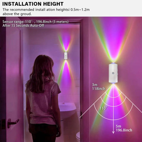 No Fuss Rechargeable Motion Sensor Lights Indoor With Magnetic Rgb Wall Sconces Auto On Off Night Light installed above a girl in a hallway.