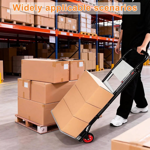 2 In 1 Hand Truck And Step Ladder Foldable Dolly Cart Heavy Duty For Moving Up To 330 Lb Reach High Shelves And Tight Spaces At Home Shop Or Job Site Smooth Rolling Wheels And Solid Stand For Everyday Use in warehouse with boxes