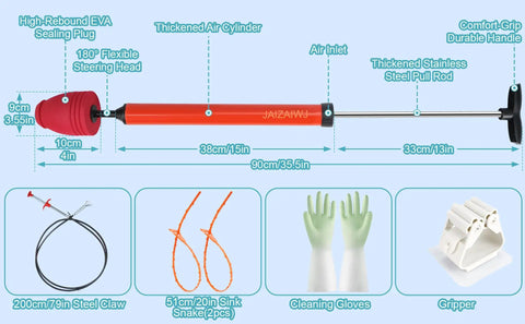 High Pressure Air Toilet Plunger With Flexible Drain Snake For Blasting Through Stubborn Bathroom And Kitchen Clogs, featuring red ABS grip, steel components.