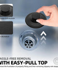 2 Pack Black Rubber Garbage Disposal Sink Stopper Replacement for 3.5 Inch Drains, shown with easy-pull top design over sink