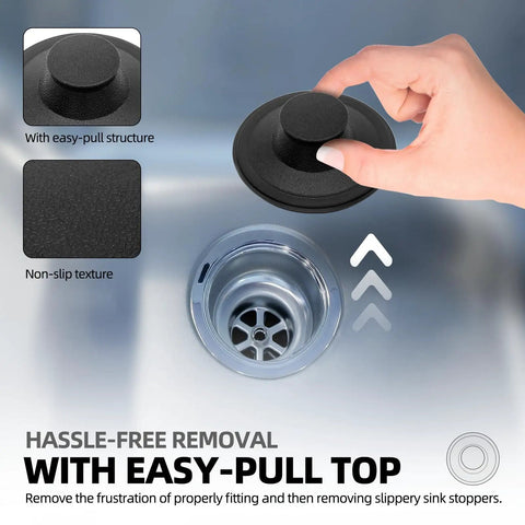 2 Pack Black Rubber Garbage Disposal Sink Stopper Replacement for 3.5 Inch Drains, shown with easy-pull top design over sink