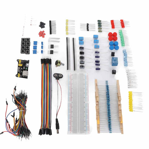 Starter Electronics Component Kit With Resistor Capacitor Diode Modules For Beginners, spread out with breadboard visible