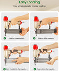 Heavy Duty 18 Gauge Pneumatic Brad Nailer Kit Includes Four Thousand Assorted Nails Job Site Ready Gear for loading magazine steps.