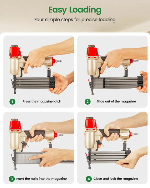 Heavy Duty 18 Gauge Pneumatic Brad Nailer Kit Includes Four Thousand Assorted Nails Job Site Ready Gear for loading magazine steps.