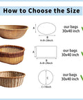 Image showing size chart for Big 30x40 Inch Clear Cellophane Bags 12 Pack for Gift Baskets and Party Favors, with three basket shapes.