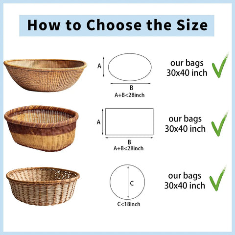 Image showing size chart for Big 30x40 Inch Clear Cellophane Bags 12 Pack for Gift Baskets and Party Favors, with three basket shapes.