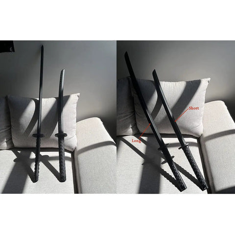 Ultra Tough 41 Inch Polypropylene Sword With ABS Scabbard For Theater Larp And Martial Arts Training Durable Blade Will Not Break Even When Bent Past 90 Degrees And Realistic Safe Scabbard For Easy Carry resting on cushions, showing long and short blade comparison.