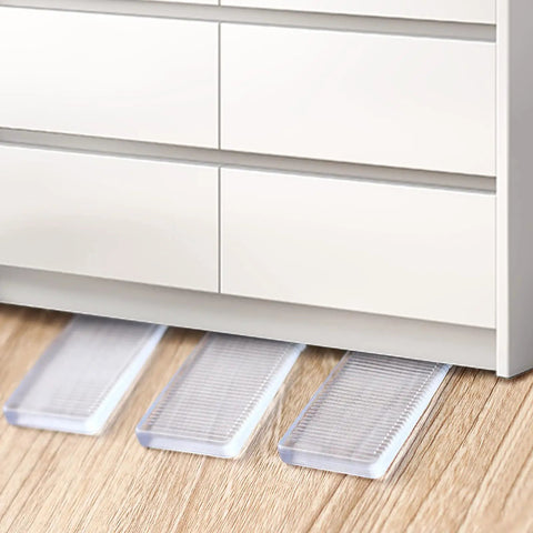 8 Pack Clear Furniture Leveler Shims Non Slip Rubber Table Wedges For Uneven Floors used under a dresser on hardwood floor.