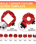 Built Tough Router Template And Jig For Woodworking Pro Grade Aluminum Corner Radius Guide Kit showing red aluminum corners and radius guides.