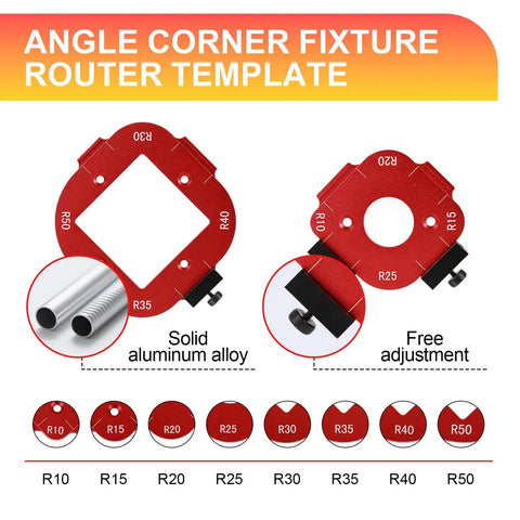 Built Tough Router Template And Jig For Woodworking Pro Grade Aluminum Corner Radius Guide Kit showing red aluminum corners and radius guides.