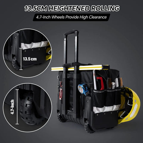 Beefy Heavy Duty Rolling Tool Bag With Wheels, Waterproof Portable Storage Organizer Tote, adjustable handle, 4.7in wheels shown