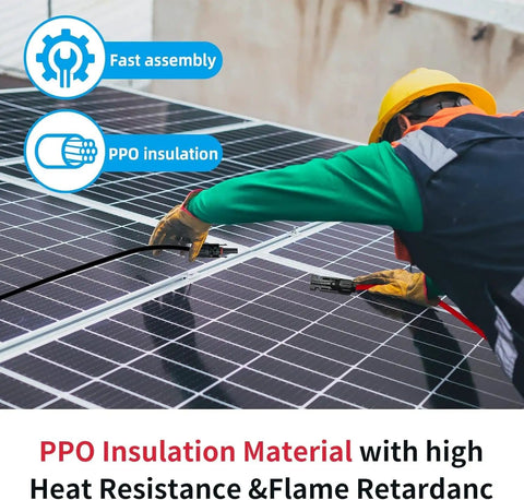Technician using Pro Grade Solar Extension Cable Set 10AWG 12AWG With Red And Black Leads for solar panel connection.