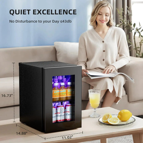 Compact 18L Beverage Cooler Fridge Keeps Drinks Ice Cold, 24 Can Mini Fridge With Quiet Compressor shown next to a sofa.