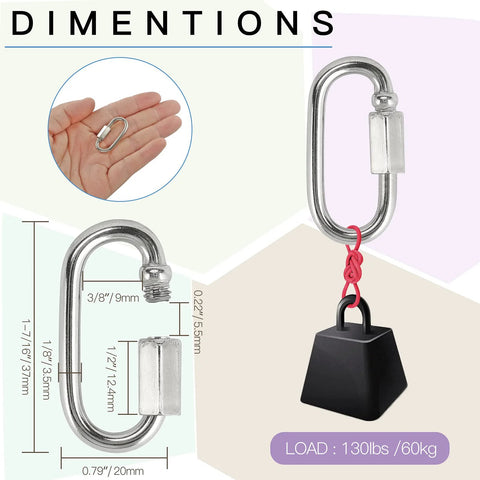 Five Pack M3 5 Stainless Steel Quick Link Chains One Eighth Inch D Shape Locking Connectors showing size dimensions and load capacity