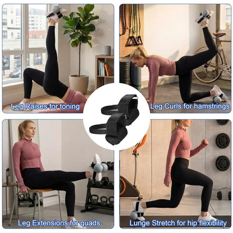 Two Piece Dumbbell Foot Attachment For Leg Extensions And Curls Tibialis Straps For Shin Training display in exercise scenarios