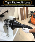 Premium Magnetic Dust Collection Kit For 2 Inch To 2-1/2 Inch Hose Conversion with secure connection and airtight seal on woodworking equipment.