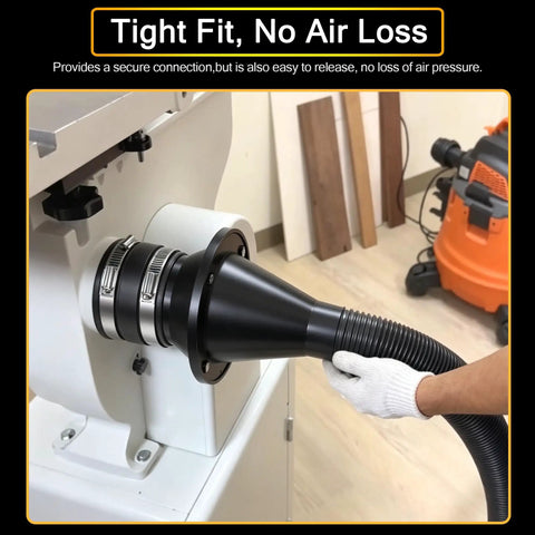 Premium Magnetic Dust Collection Kit For 2 Inch To 2-1/2 Inch Hose Conversion with secure connection and airtight seal on woodworking equipment.