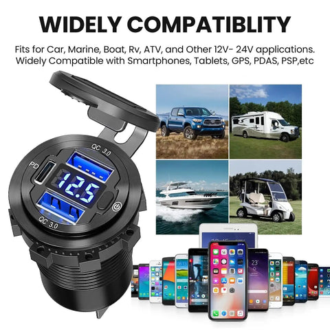 Beefy 12V USB Car Socket With 3 Ports Waterproof Round Aluminum Lighter Outlet for multiple vehicle types and devices.